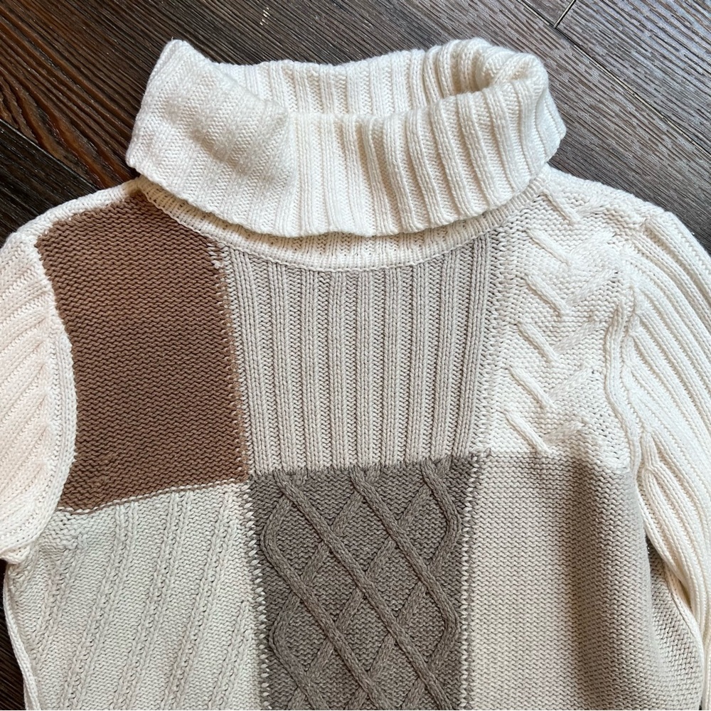 Vintage Patchwork Style Cableknit Turtleneck Crea… - image 3